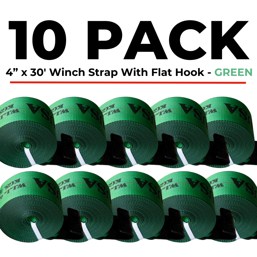 (10 PACK) 4" x 30' Winch Strap with Flat Hook - GREEN