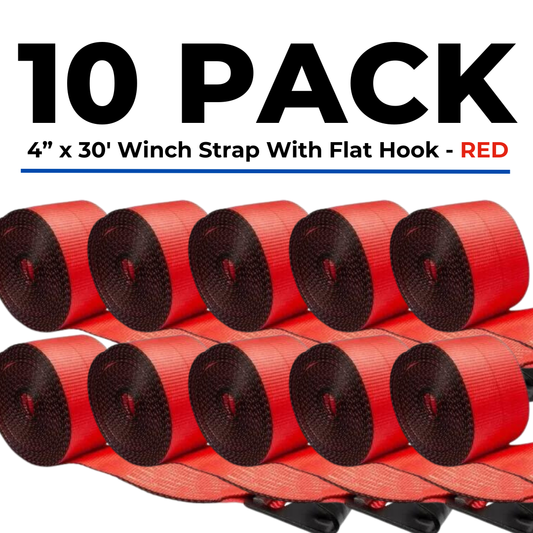 (10 PACK) 4" x 30' Winch Strap with Flat Hook - RED