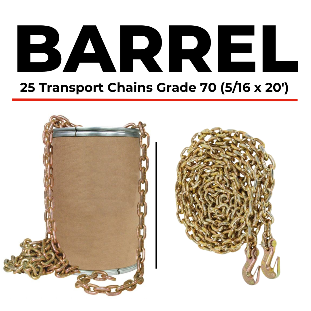 Barrel of 25 G70 Transport Chains (5/16 x 20' with Hooks)
